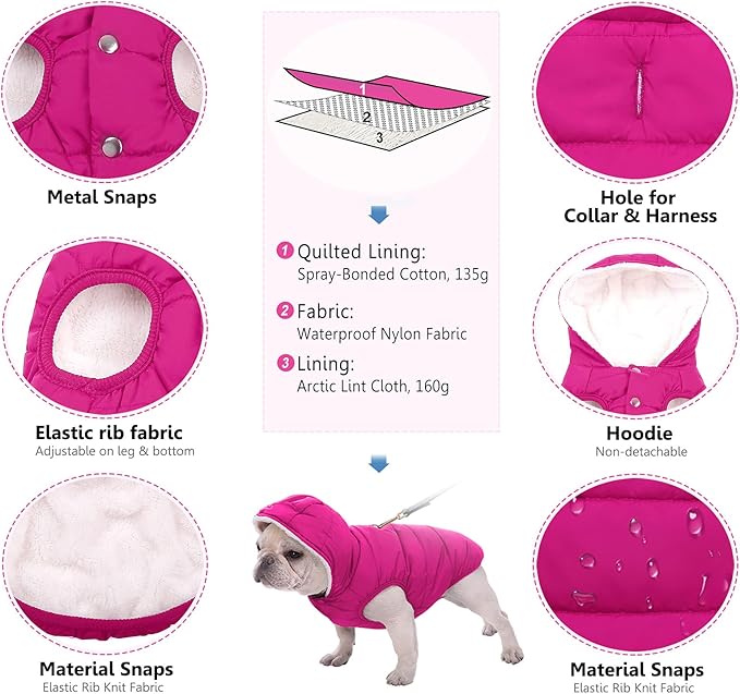 Windproof Waterproof Dog Coat Fleece & Cotton Lined Warm Jacket, Cold Weather Pet Apparel Clothes Vest for Small Medium Large Dog (XS, Pink)