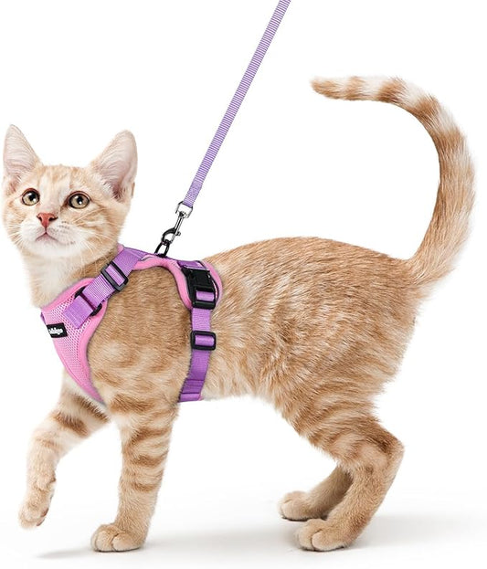 rabbitgoo Cat Harness and Leash for Walking, Escape Proof Soft Adjustable Vest Harnesses for Cats, Easy Control Breathable Reflective Strips Jacket, Pink & Purple, S