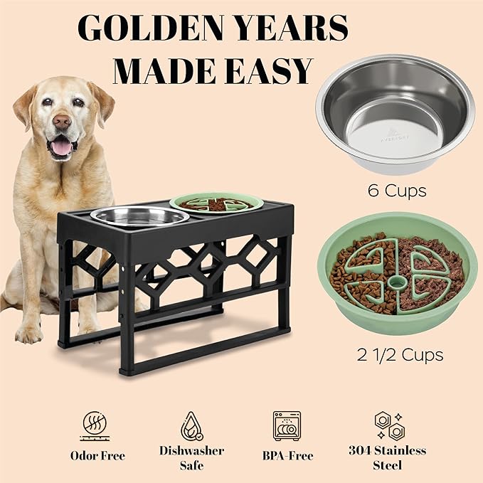 AVERYDAY Large Slow Feeder Dog Bowls Elevated, 4 Height Adjustable Raised Dog Bowl Stand with Stainless Steel Food and Water Bowl, Tall Dogs Feeding Station with Anti-Slip for Medium Large Breeds Dogs