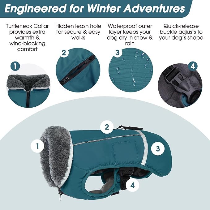 QBLEEV Warm Dog Coat Reflective Winter Jacket, Waterproof Windproof Dog Turtleneck Clothes for Cold Weather, Thicken Fleece Lining Pet Outfit, Adjustable Pet Vest Apparel for Small Medium Large Dogs