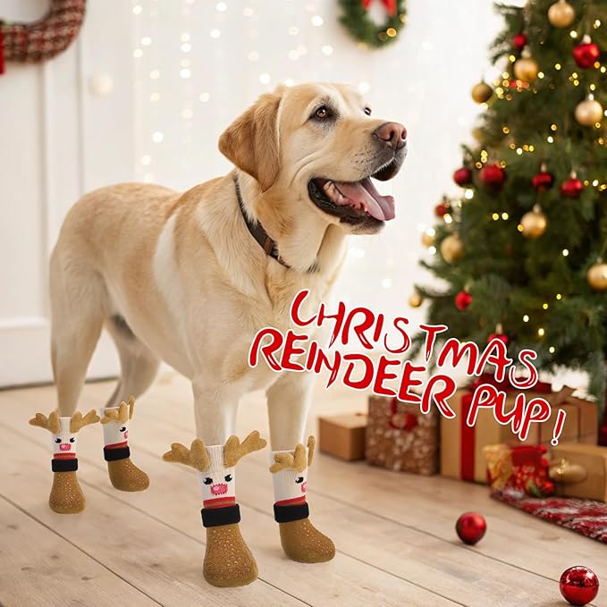 EXPAWLORER Christmas Anti Slip Dog Socks to Prevent Licking Paws, Boots & Paw Protectors with Grippers,Doggie Booties for Hardwood Floors for Small Medium Large Senior Dogs Lifelike Costume Reindeer L