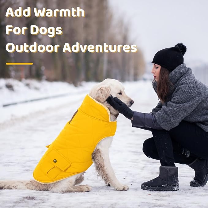 Queenmore Dog Winter Coat Warm Puffer Jacket Waterproof Plush Lining Thermal Cold Weather Vest for Small Medium Large Dogs, Windproof Easy On Pet Jacket Yellow L