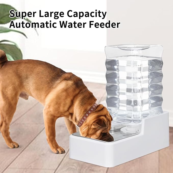 Sfozstra Dog Water Bowl Dispenser: 8L Lagre Automatic Gravity White Upgraded Pet Water Dispenser - Stainless Steel Bowl - BPA-Free - Two Caps and Filters for Multiple Pets