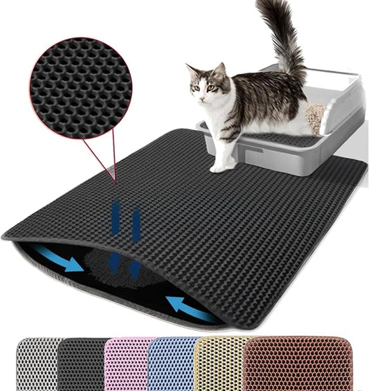 Cat Litter Mat, 24x18 Inches Large Double Layer Honeycomb Cat Litter Trapping Mat, Non Slip Waterproof Urine Proof Cat Litter Box Mat for Floor, Kitty Litter Rug, Cat Supplies, Black