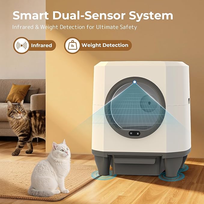 Self Cleaning Litter Box, Large Capacity Automatic Cat Litter Box with APP Control, Safety Sensors, Built-in Deodorizing Scent Box, and 1 Roll Garbage Bags ，White