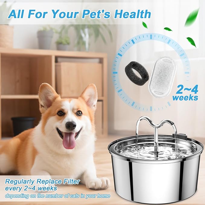 Cat Water Fountain Filter, 4 Pcs Cat Filters Replacement Pet Water Fountain Filters with 4 Pcs Sponges Foam for 67oz/2L & 108oz/3.2L Stainless Steel Automatic Cat Water Fountain Dispenser Filters