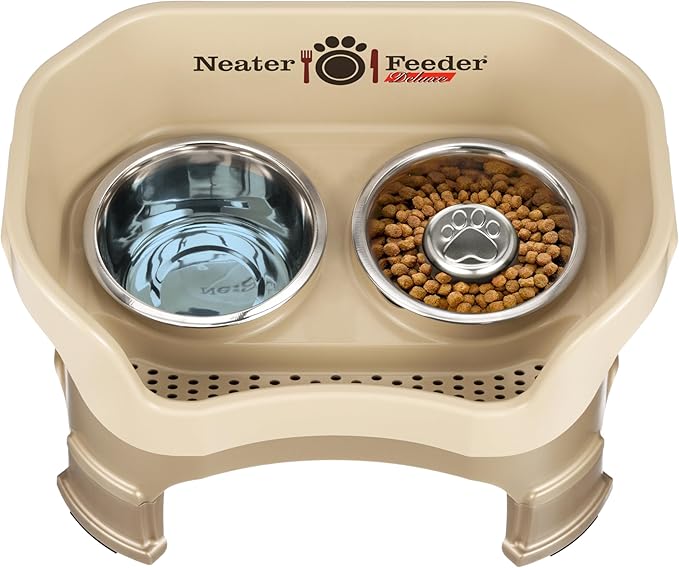 Neater Feeder Deluxe Mess Proof Dog Bowls Elevated for Medium Sized Breeds – Made in USA – No Spill Raised Slow Feeder Elevated Dog Bowl Stand w/Leg Extensions, Food and Water Bowl Set, Cappuccino