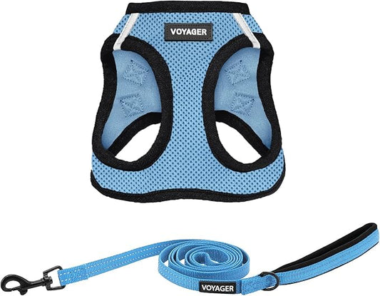 Voyager Step-in Air All Weather Mesh Harness and Reflective Dog 5 ft Leash Combo with Neoprene Handle, for Small, Medium and Large Breed Puppies by Best Pet Supplies - Baby Blue/Black Trim, X-Small