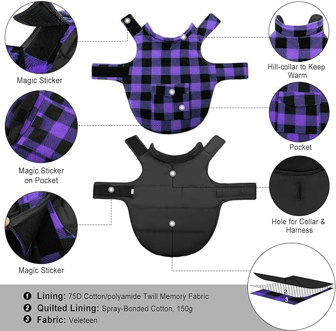 ASENKU Dog Jacket Plaid Reversible Reversible Dog Vest Waterproof Cold Winter Clothes Pet Apparel for Small Medium Large Dogs (3XL, Purple)