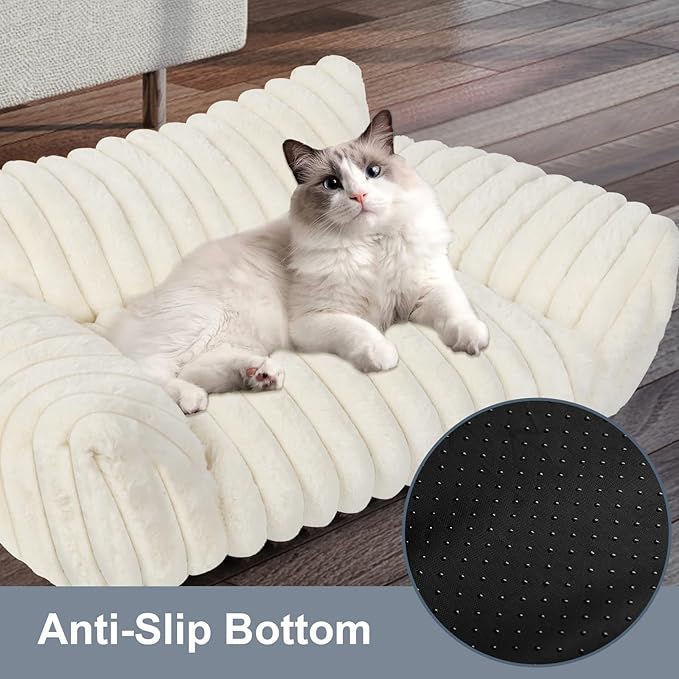 Cute Cat Couch Bed for Indoor Cats, Fluffy Pet Cat Sofa with Premium Soft Corduroy Fleece, Cute Small Dog Beds for Small Dogs, Fuzzy Puppy Chair with Removable Washable Cover (24x18x10,Cream)