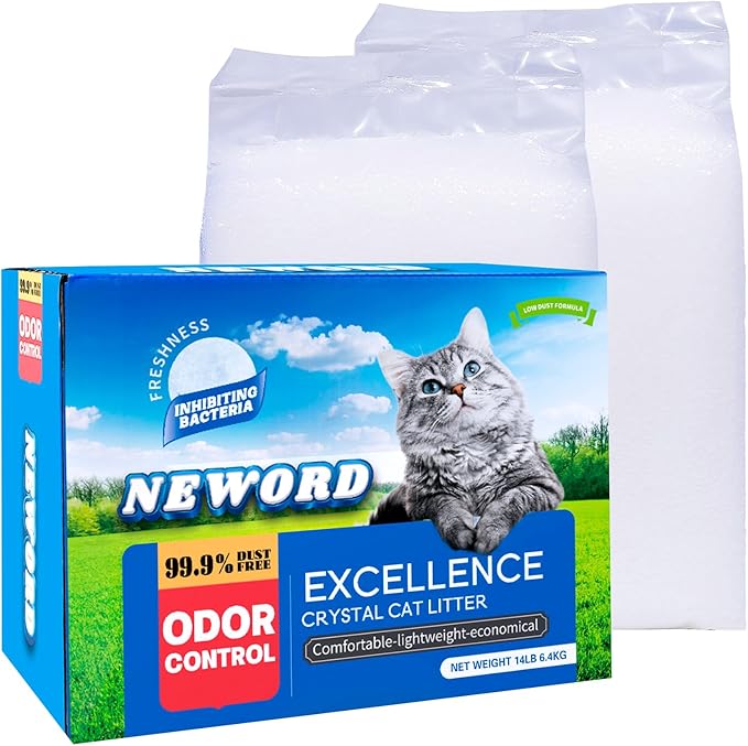 NEWORD Crystals Cat Litter Superior Odor Control 14 lbs Total (2 Pack of 7lb Bags) Soft-On-Paws Low Tracking Dust-Free White Silica Gel, Unscented