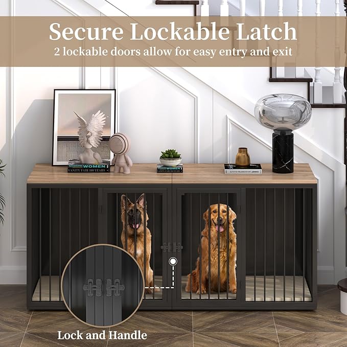 Large Dog Crate Furniture for 2 Dogs, 71.6'' Steel Frame Dog Crate with Double Doors, Heavy Sturdy Kennel for Small Medium Large Dogs, Indoor Double Dog Cage (Black)