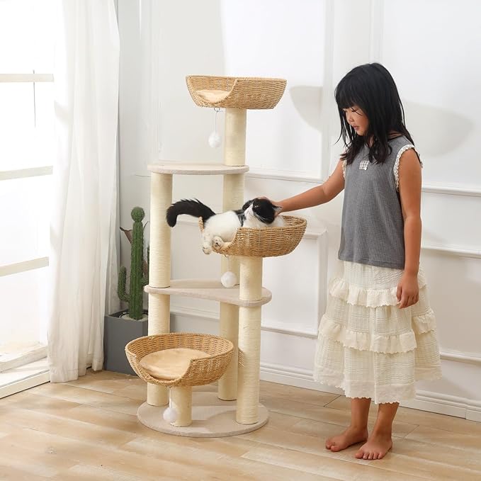 SHENGOCASE Modern Cat Tree Tower, 3 Large Rattan Wicker Basket Beds, Window Perch for Cats up to 20 lbs