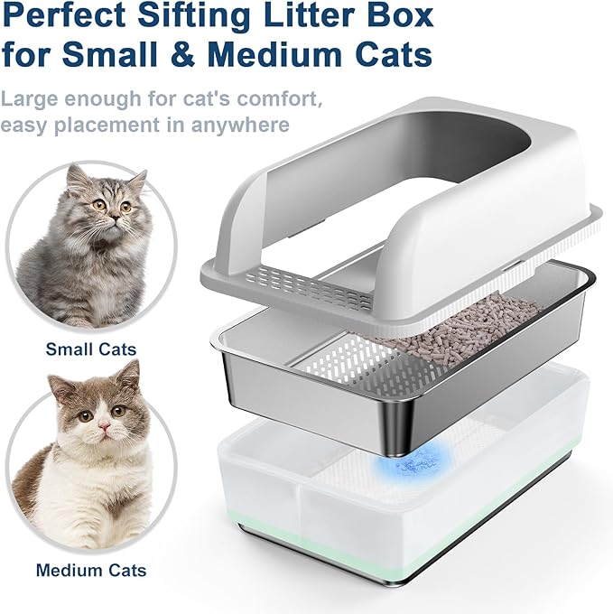 19.6''x13.7''x12'' Stainless Steel Litter Box with Lid, Sifting Cat Litter Box for Pine Pellets, High Sides Metal Litter Pan for High Peeing Cats, Anti-Leakage, Easy Cleaning, Less Tracking