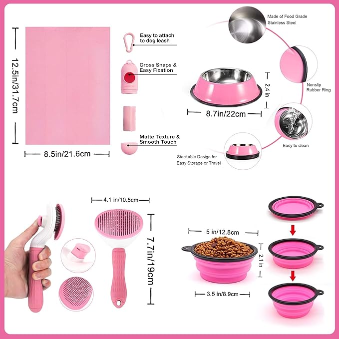 Puppy Supplies Starter Kit - 39-Piece Set of Puppy Essentials and Dog Stuff.Includes Dog Leash, Toys, Bowl, Brushes,and More.Perfect Welcome Home Present for Your New Puppies-Pink