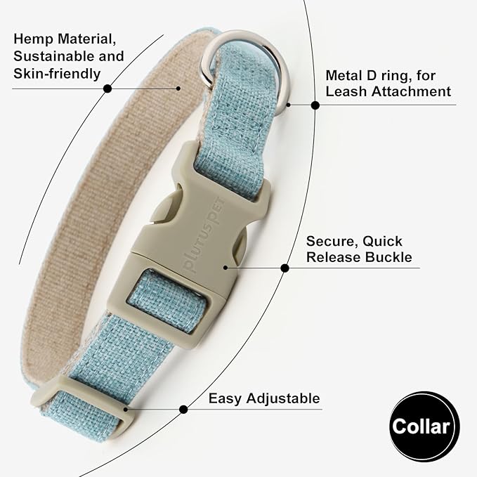 Plutus Pet Cotton Hemp Dog Collar and Leash Set, Adjustable Collar for Small, Medium, and Large Dogs, Heavy Duty and Soft on Skin, Light Blue, XL