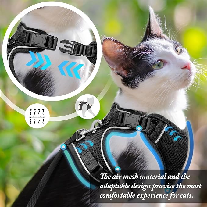 Cat Harness and Leash for Walking, Cat Car Harness, Escape Proof Soft Adjustable Vest Harnesses for Cats, Easy Control Breathable Reflective Strips Harness, Kitten Harness and Leash Set, Black, S