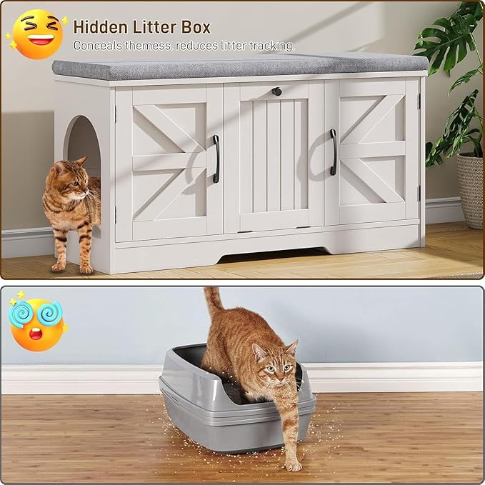 Vabches Cat Box Litter Enclosure with Cushion, Flip Top Cat Litter Box Furniture with Storage, Farmhouse Indoor Cat House with 3 Doors, Pet Washroom Hidden Litter Box, White