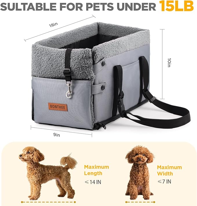 Console Dog Car Seat for Small Dogs,Small Dog Booster Seat for Car Washable Foldable Puppy Car Seat with Safe Protection Hooks Adjustable Straps and Storage Pocket Pet Up to 15lbs