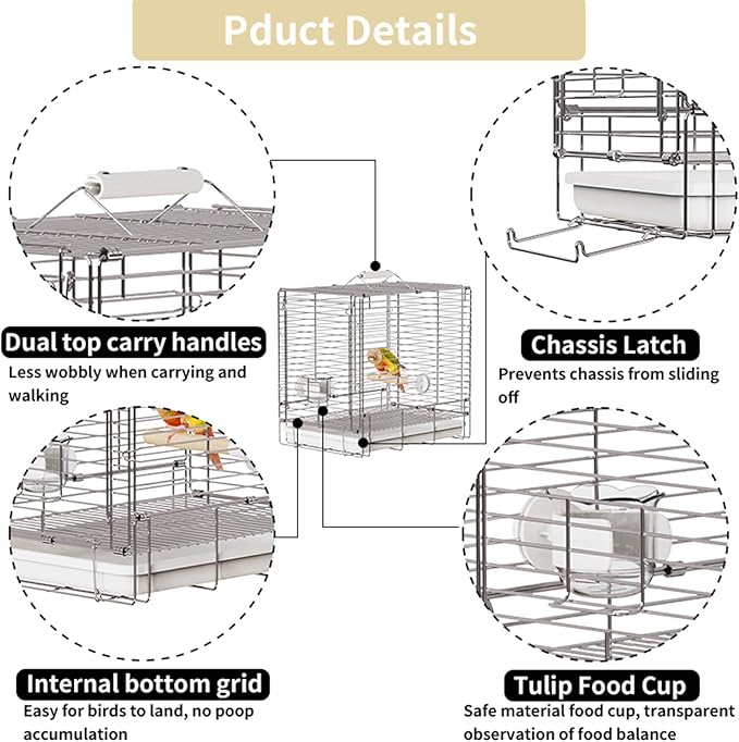 Bird Carrier Travel Cage - 304 Stainless Steel Portable Folding Bird Travel Cage with Parrot Feeder Cups & Standing Perch for Smaller Birds Conures Lovebird Cockatiel Parakeets (White)
