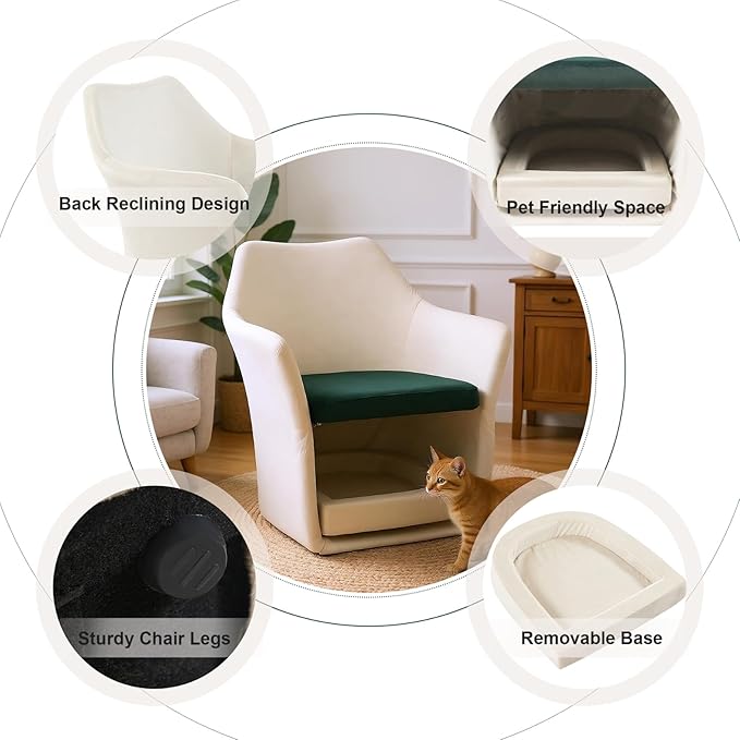 Velvet Chair with Cat Bed for Cats Lover, Pet-Friendly Single Sofa Armchair with Pet Nest for Living Room, White.