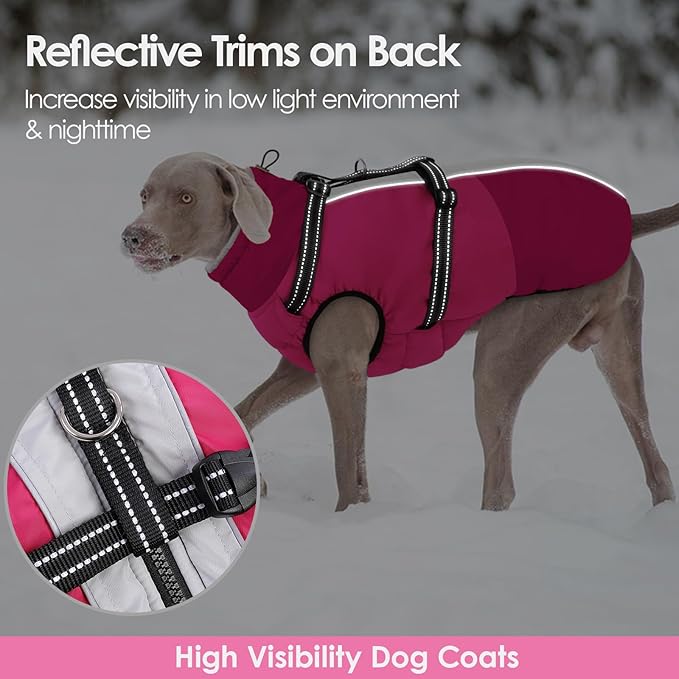 AOFITEE Small Dog Coat, Waterproof Dog Winter Jacket with Harness Built in, Warm Fleece Lined Dogs Jacket for Cold Weather, Reflective Pet Snow Jackets with Zipper for Yorkshire, Schnauzer, Hot Pink S
