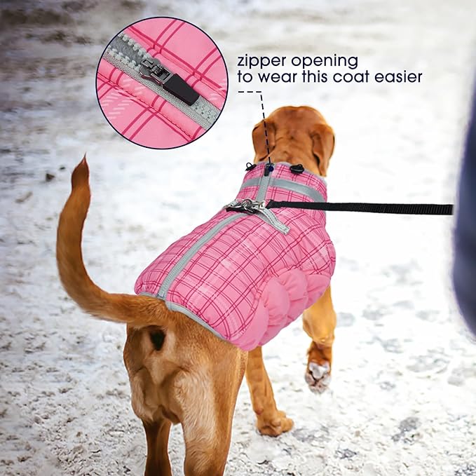 FUAMEY Dog Coat for Small Dogs,Waterproof Dog Winter Jacket with Harness Built in Puppy Cold Weather Coats Reflective Pet Vest with Zipper Warm Fleece Dogs Snowsuit Windproof Rose Plaid XS