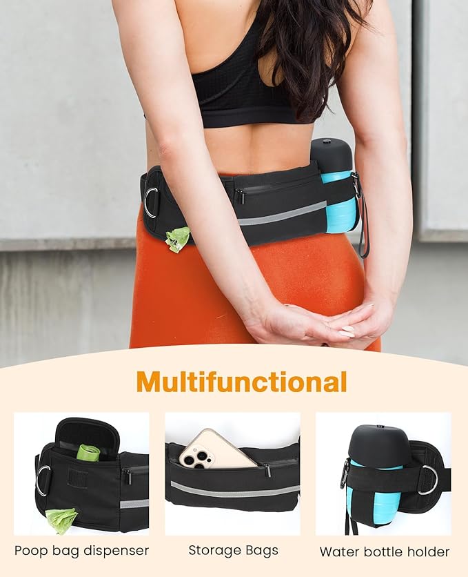 Pecute Dog Leash Hands Free with Pouch, Waist Belt Fanny Pack with Soft Pads, Dual Handles and Durable Bungee for Walking, Dog Seat Belt, Hiking, Running, Training, Black(Up to 180lbs)