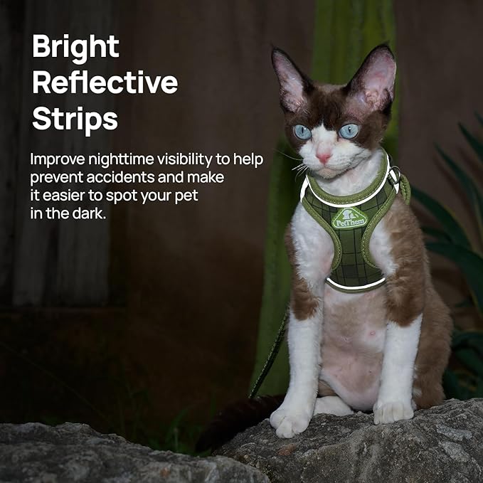 Cat Harness and Leash Set, Step-in Escape Proof Adjustable Vest Harness for Small Medium Large Cats, Lightweight Soft Breathable Reflective Kitten Harness for Walking Travel, Camping(Green, M)