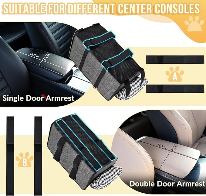 SlowTon Console Dog Car Seat - Portable Dogs Armrest Booster Seat for Small Dog, Anti-Collapse Pet Car Seat with Soft Cushion Safety Belt, Support Pet Up to 11lbs (Grey)