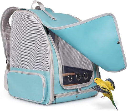 Bird Backpack Carrier Cage for Small to Medium Size, Portable Bird Travel Carrier with Standing Perches and Metal Tray, Vented Carry Transport Bag for Parakeet, Budgie, Conure, Cockatiel, Parrot