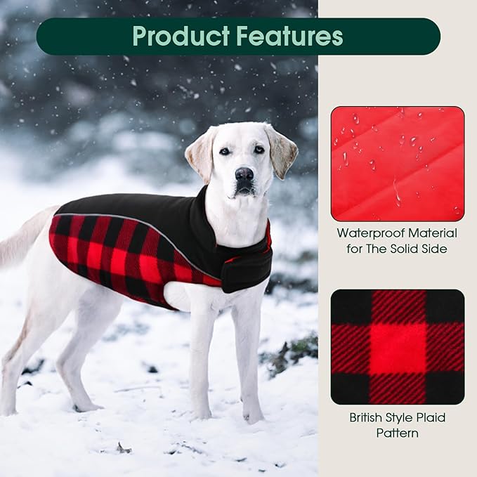 Kuoser Dog Winter Coat, Reversible Waterproof Dog Jacket with Reflective Strip, Warm Dogs Fleece Vest Adjustable Doggy Cold Weather Clothes Plaid Christmas Outfit Pet Apparel for Small Dogs, Red XS