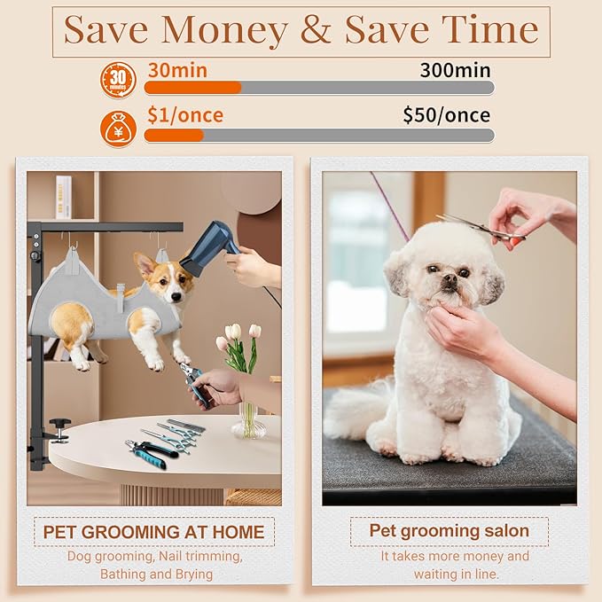 Professional Dog Grooming Table Arm with Hammock, Scissors, Nail Clipper Kit - Adjustable Grooming Arm Restraint System for Small Medium Pets at Home or Salon(Gray)