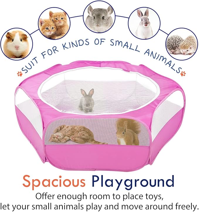 Pawaboo Small Animals Playpen, Waterproof Small Pet Cage Tent with Zippered Cover, Portable Outdoor Yard Fence with 3 Metal Rod for Chick/Kitten/Puppy/Guinea Pig/Rabbits/Hamster/Chinchillas,Magenta
