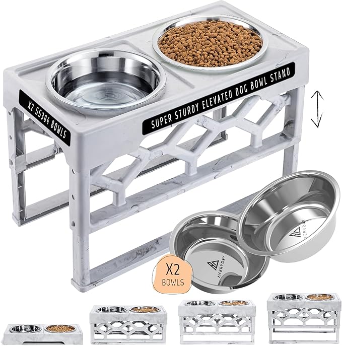 AVERYDAY Small Dog Bowls Elevated, 4 Height Adjustable Raised Dog Bowl Stand with 2 Stainless Steel Food and Water Bowls Set, Tall Dogs Feeding Station with Anti-Slip Base for Small Medium Breeds Dogs