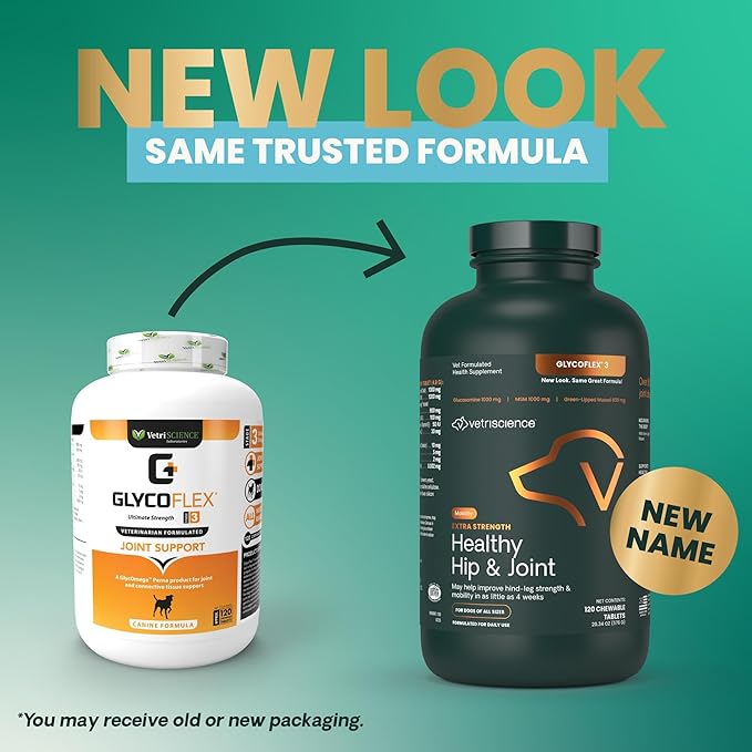 VetriScience Extra Strength Healthy Hip & Joint Chewable Tablets, GlycoFlex Glucosamine and Green-Lipped Mussel Joint Support Supplement for Dogs, Soothe Joint Discomfort, Chicken, 120 Count