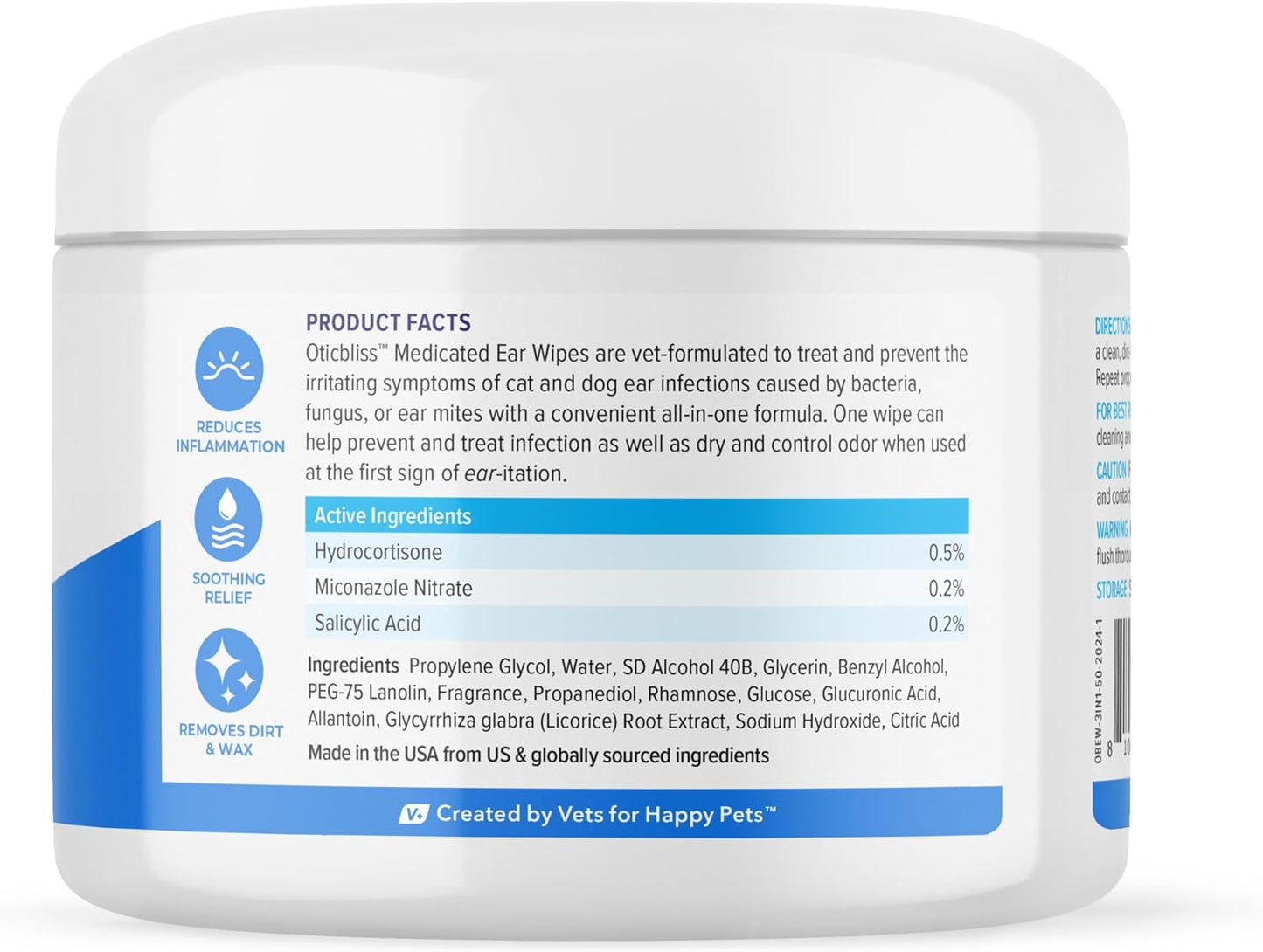 Vetnique Oticbliss Medicated Ear Wipes – Cat & Dog Ear Wipes with Hydrocortisone & Salicylic Acid for Cleaning & Odor Control – 50ct