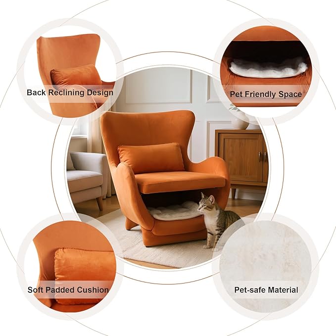 Velvet Chair with Cat Bed for Cats Lover, Pet-Friendly Wing Back Single Sofa with Pet Nest for Living Room, Orange.