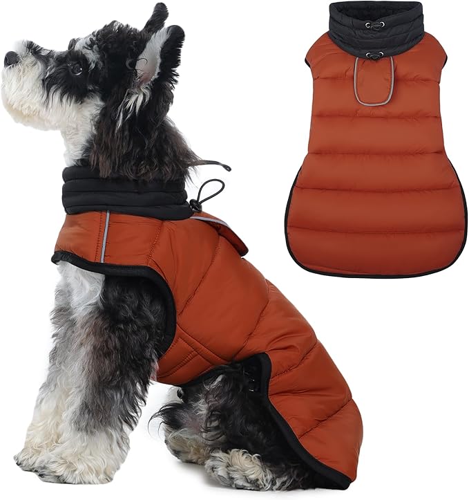 IDOMIK Dog Winter Coat, Warm Waterproof Dog Puffer Jacket with Harness Hole, Adjustable Reflective Snow Jacket Vest with Turtleneck, Pet Cold Weather Coats for Small Dogs,Caramel,XS