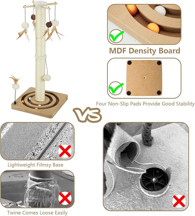 PEEKAB Cat Scratching Post Sisal Scratch Posts for Indoor Cats and Kittens with Tracking Ball Interactive Toys and Hanging Balls 25 Inches Beige