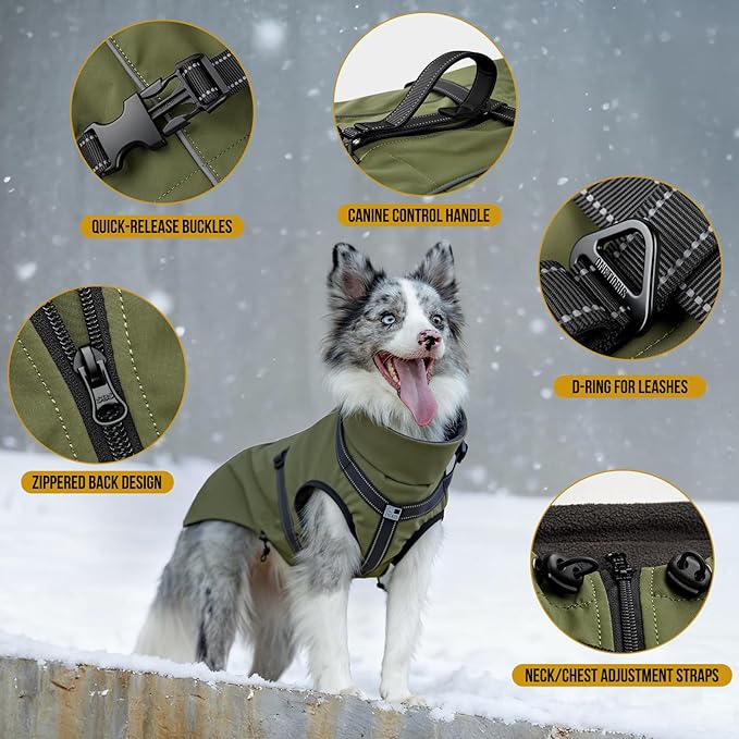 OneTigris Dog Coat with Harness - Reflective Adjustable Coats for Medium and Large Dogs, Waterproof Warm Winter Coat, Soft Heavy Fleece Lining with Back Zipper Dog Jackets
