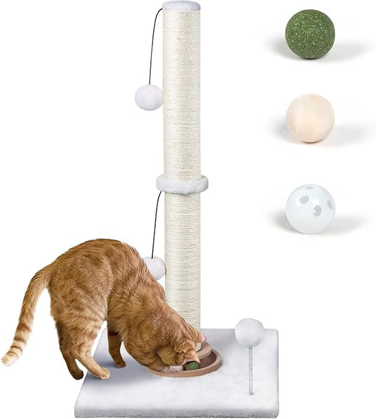 31" Cat Scratching Post Kitten Toys for Indoor Cats, Interactive Cat Scratcher with Catnip Balls, Sisal Scratch Rope for Large Cats, White