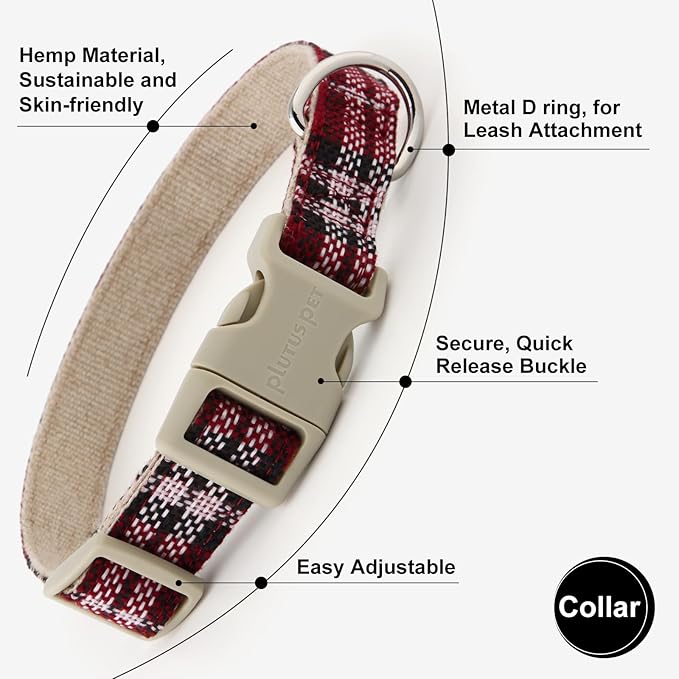 Plutus Pet Cotton Hemp Dog Collar and Leash Set, Adjustable Collar for Small, Medium, and Large Dogs, Heavy Duty and Soft on Skin, Red Plaid, XL