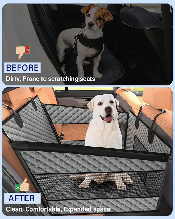 Dog Car Seat for Large Dogs, Back Seat Extender for Dogs, Foldable Pet Car Seat with Waterproof Oxford Fabric and Non-Slip Bottom, All-Around Protection and Strong Support, Grey