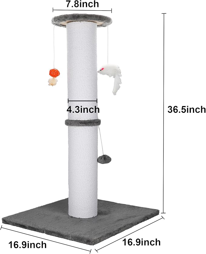 36.5 Inch Cat Scratching Post Heavy Duty Cat Scratch Post Handmade Cotton Rope with Hanging Toys for Ultimate Cat Fun(Grey)