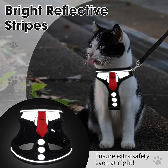 Cat Harness and Leash Set for Walking Escape Proof, Soft Adjustable Kitten Harness Breathable Mesh with Reflective Strips Harness for Kitty Puppy Bunny(Black,XS)