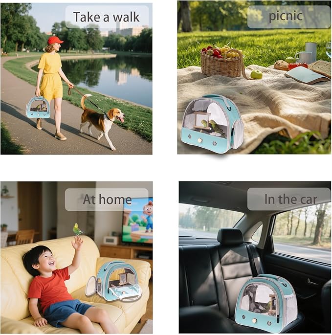 Parrot Travel Cage with Bird Cage Bells Mirror Set,Portable Small Bird Parakeet Bag with Standing Perch and Comfy Mat Bird Carry Transport Bag with Clear Window Vet Visit Shopping