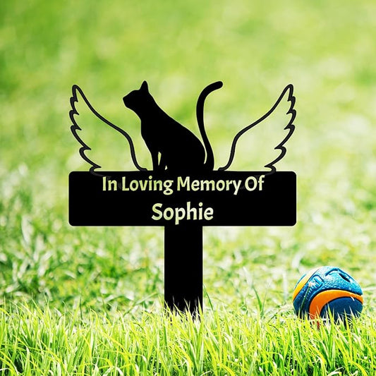 Custom Cat Memorial Stake Metal Grave Marker, Personalized Cat Memorial Grave Marker with Wings, Pet Cat Remembrance Stake Cat Memorial Plaque with Stake, Cat Loss Gift Sympathy Sign