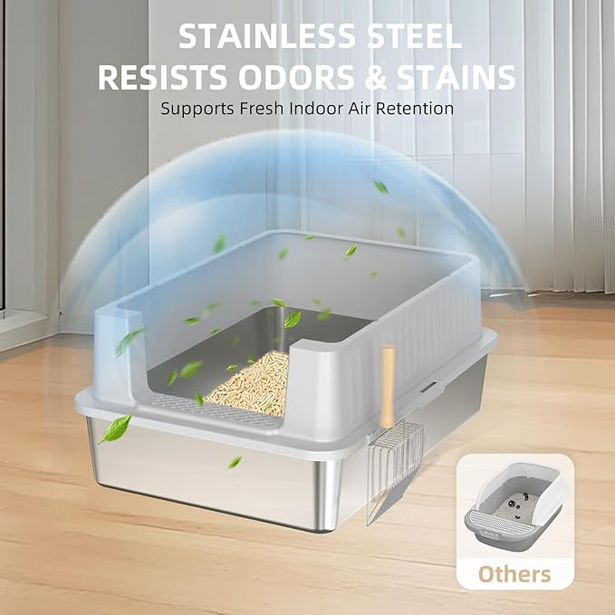 Stainless Steel Litter Box - 28" Extra Large XXXL Cat Litter Box with High Sides, Non-Sticky & Anti-Leakage for Big Cats/Multiple Cats, Includes Heavy Duty Metal Scoop, Grey