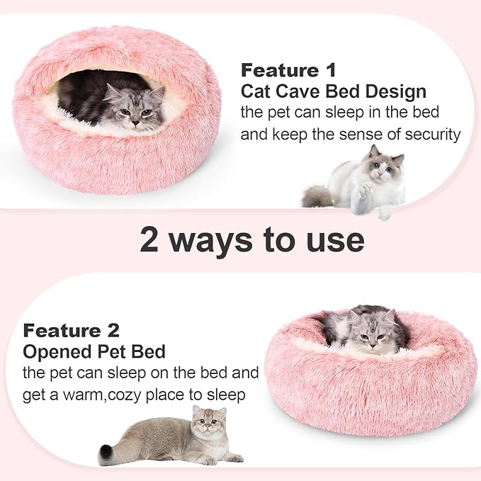 Calming Dog Beds & Cat Cave Bed with Hooded Cover,Removable Washable Round Beds for Small Medium Pets,Anti-Slip Faux Fur Fluffy Coved Bed for Improved Sleep,Fits up to 15/25 lbs(Bean Mush,S)